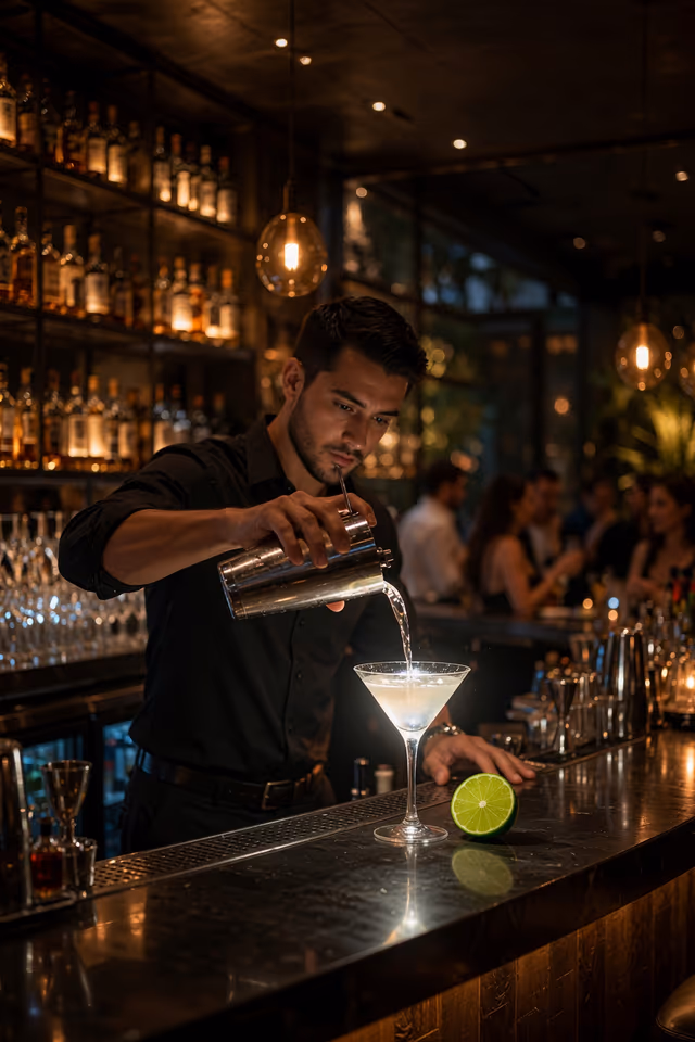 De barman aan het werk achter de bar van Portofino